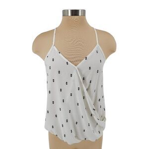 Pink Rose Faux Wrap Tank Top Anchor Print Sleeveless V Neck Shirt Small
